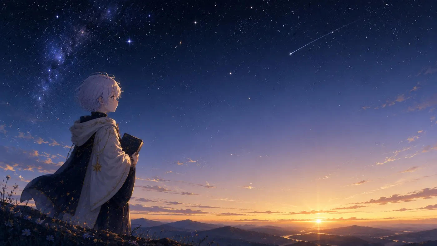 星の残る夜明けの空を見つめるステラ
