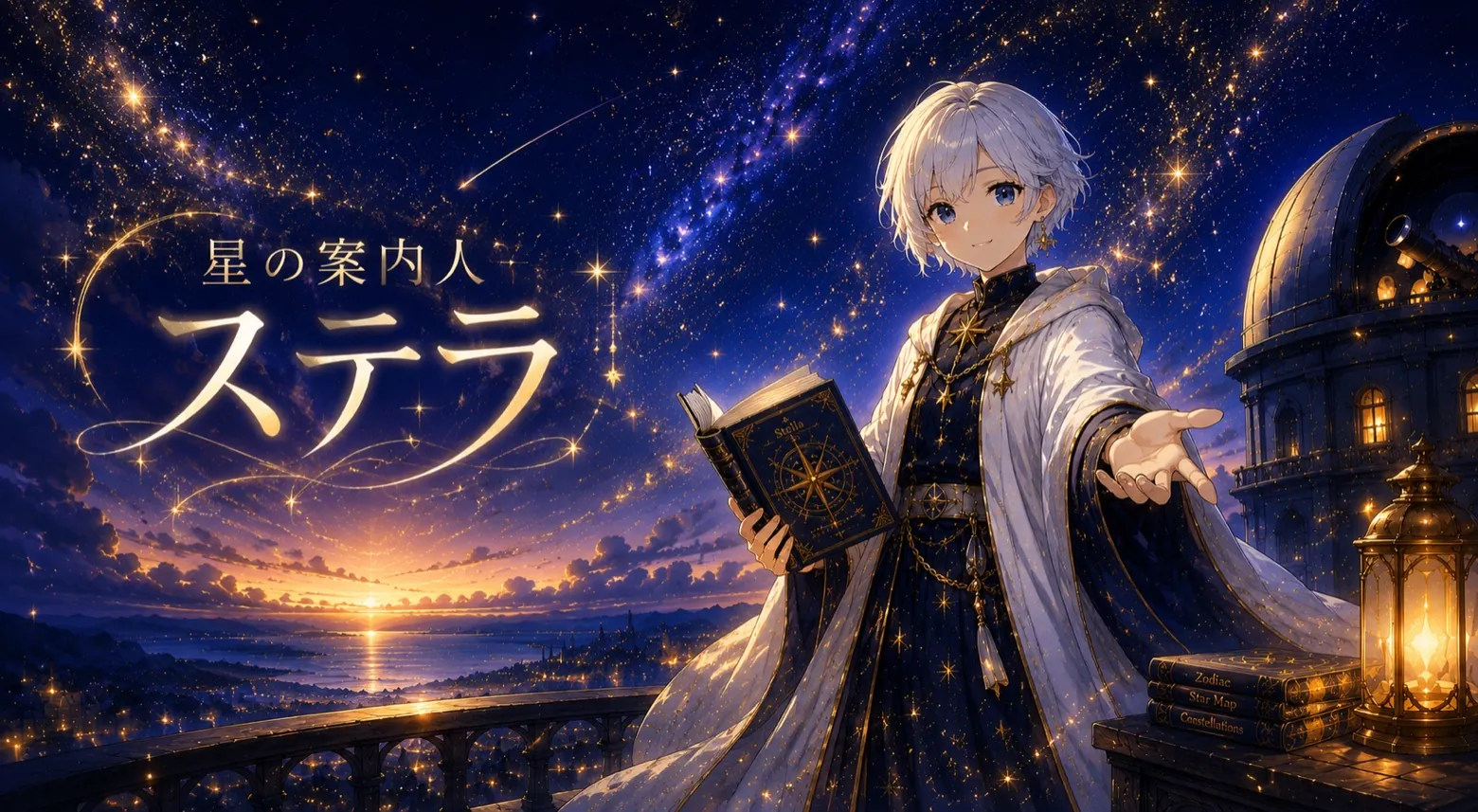星の案内人 ステラ — 星空の観測台で手を差し出すキービジュアル